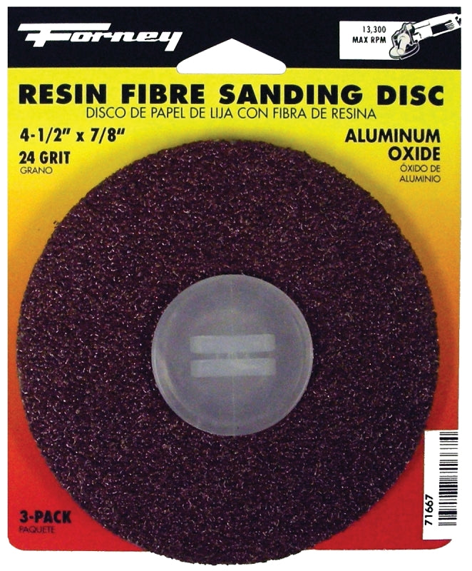 FORNEY Forney 71667 Sanding Disc, 4-1/2 in Dia, 7/8 in Arbor, Coated, 24 Grit, Extra Coarse, Aluminum Oxide Abrasive