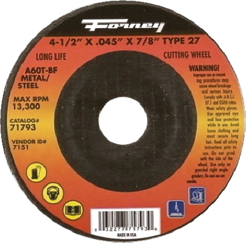 FORNEY Forney 71793 Cut-Off Wheel, 4-1/2 in Dia, 0.045 in Thick, 7/8 in Arbor, 60 Grit, Aluminum Oxide Abrasive, Medium