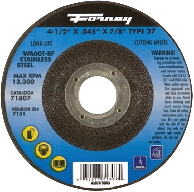 FORNEY Forney 71807 Cut-Off Wheel, 4-1/2 in Dia, 0.045 in Thick, 7/8 in Arbor, 46 Grit, Aluminum Oxide Abrasive, Medium TOOLS FORNEY