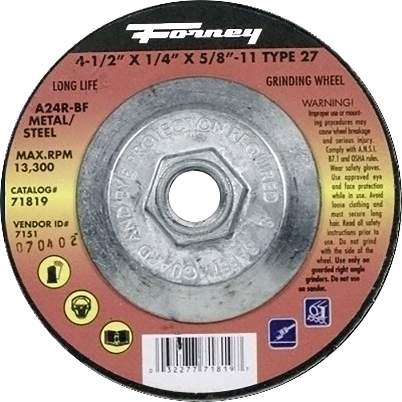 FORNEY Forney 71819 Grinding Wheel, 4-1/2 in Dia, 1/4 in Thick, 5/8-11 Arbor, 24 Grit, Coarse, Aluminum Oxide Abrasive
