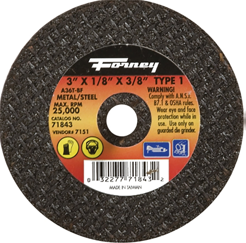 FORNEY Forney 71843 Cut-Off Wheel, 3 in Dia, 1/8 in Thick, 3/8 in Arbor, 36 Grit, Medium, Aluminum Oxide Abrasive TOOLS FORNEY