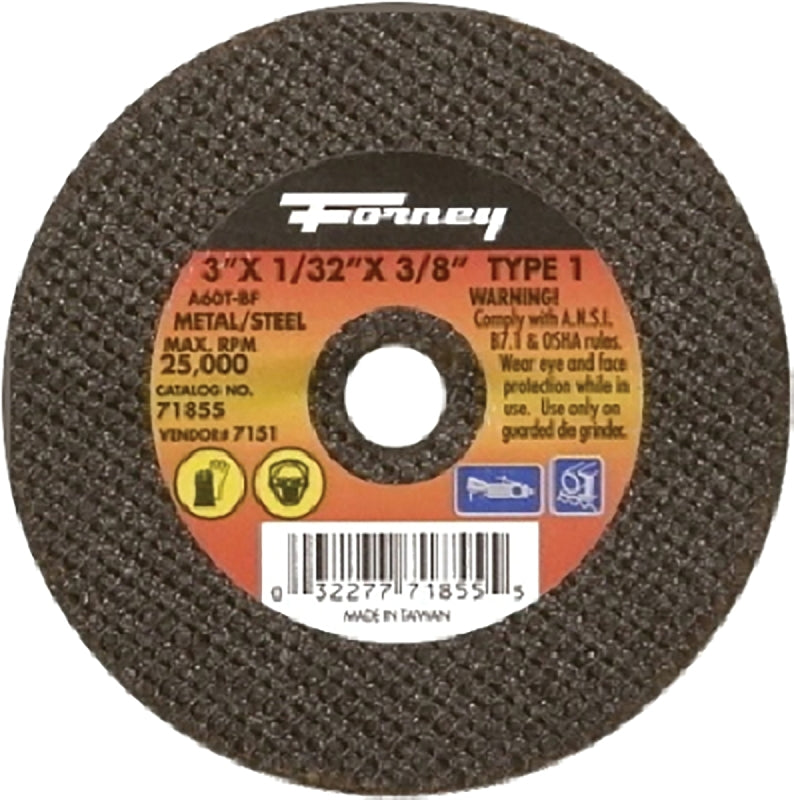 FORNEY Forney 71855 Cut-Off Wheel, 3 in Dia, 1/32 in Thick, 3/8 in Arbor, 60 Grit, Medium, Aluminum Oxide Abrasive TOOLS FORNEY