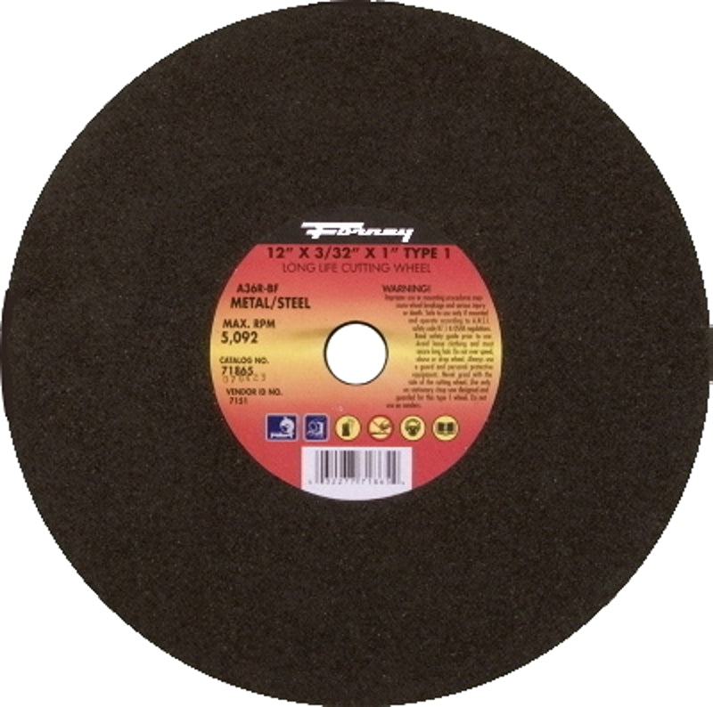 FORNEY Forney 71865 Cut-Off Wheel, 12 in Dia, 3/32 in Thick, 1 in Arbor, 36 Grit, Medium, Aluminum Oxide Abrasive TOOLS FORNEY