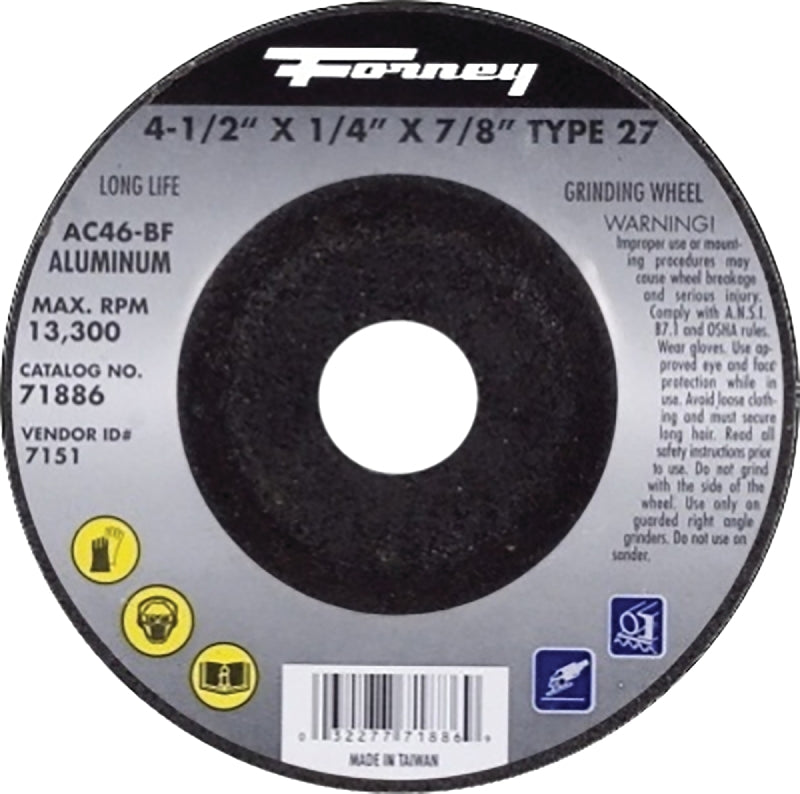 FORNEY Forney 71886 Grinding Wheel, 4-1/2 in Dia, 1/4 in Thick, 7/8 in Arbor, 46 Grit, Medium, Aluminum Oxide Abrasive
