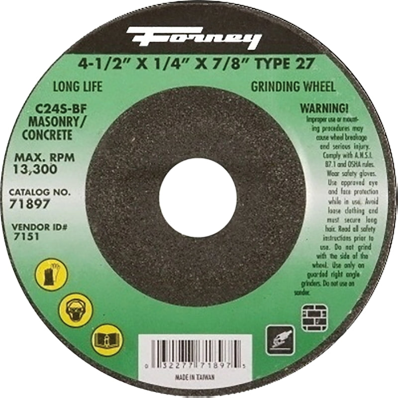 FORNEY Forney 71897 Grinding Wheel, 4-1/2 in Dia, 1/4 in Thick, 7/8 in Arbor, 24 Grit, Coarse, Silicon Carbide Abrasive TOOLS FORNEY