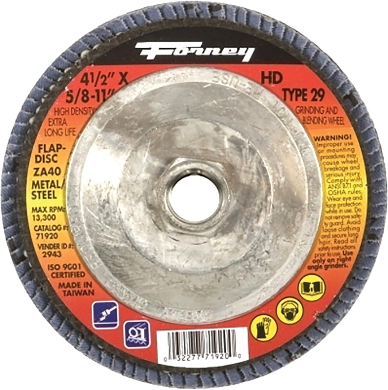 FORNEY Forney 71920 Flap Disc, 4-1/2 in Dia, 5/8-11 Arbor, 40 Grit, Medium, Zirconia Aluminum Abrasive