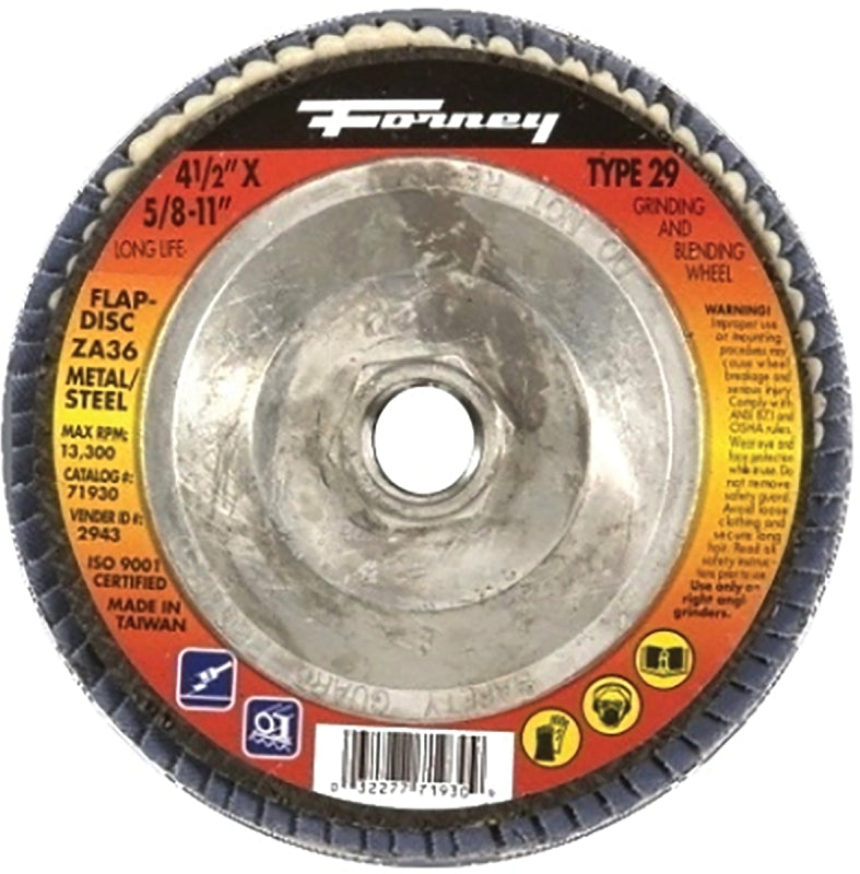 FORNEY Forney 71930 Flap Disc, 4-1/2 in Dia, 5/8-11 Arbor, 36 Grit, Medium, Zirconium Alumina Abrasive, Fiberglass Backing