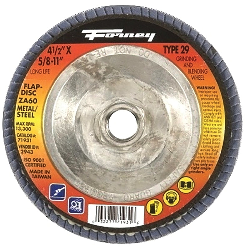 FORNEY Forney 71931 Flap Disc, 4-1/2 in Dia, 5/8-11 Arbor, 60 Grit, Medium, Zirconia Aluminum Abrasive, Fiberglass Backing