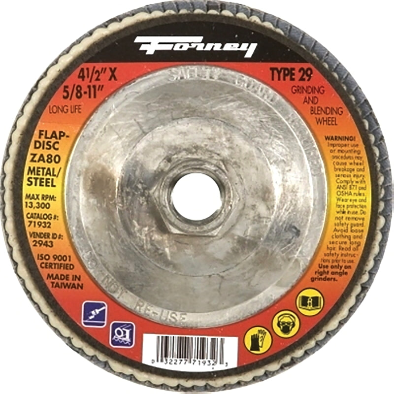 FORNEY Forney 71932 Flap Disc, 4-1/2 in Dia, 5/8-11 Arbor, 80 Grit, Fine, Zirconia Aluminum Abrasive, Fiberglass Backing