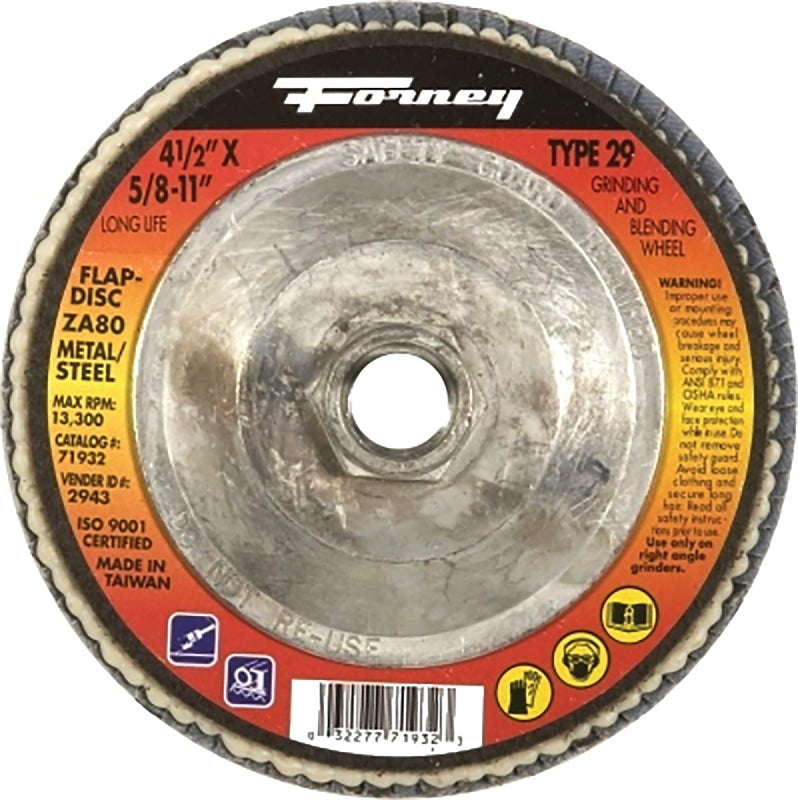 FORNEY Forney 71933 Flap Disc, 4-1/2 in Dia, 5/8-11 Arbor, 120 Grit, Fine, Zirconia Aluminum Abrasive, Fiberglass Backing