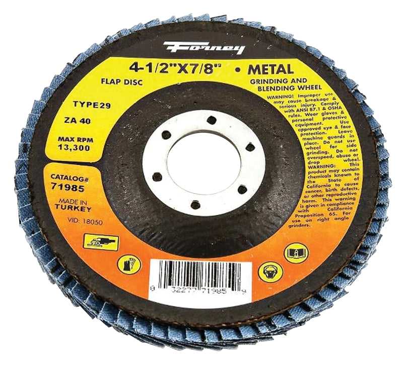 FORNEY Forney 71985 Flap Disc, 4-1/2 in Dia, 7/8 in Arbor, 40 Grit, Medium, Zirconium Alumina Abrasive, Fiberglass Backing TOOLS FORNEY