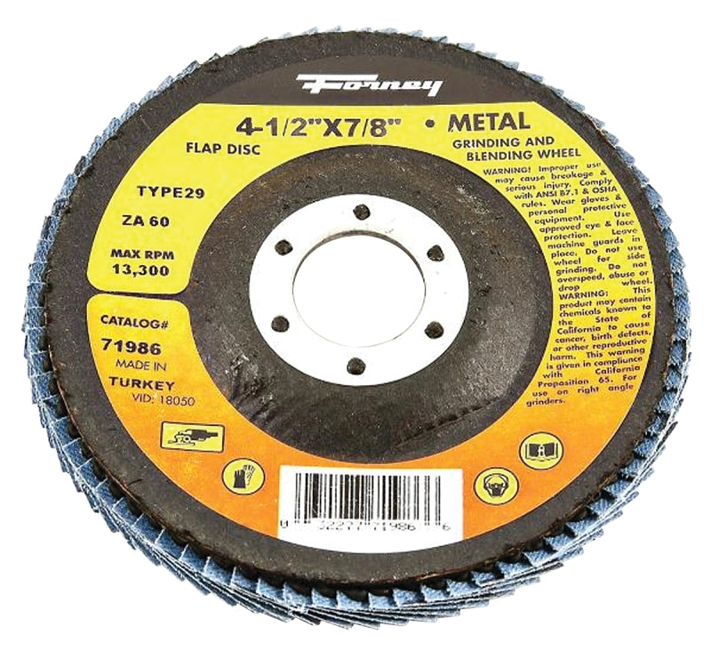 FORNEY Forney 71986 Flap Disc, 4-1/2 in Dia, 7/8 in Arbor, 60 Grit, Medium, Zirconia Aluminum Abrasive, Fiberglass Backing TOOLS FORNEY