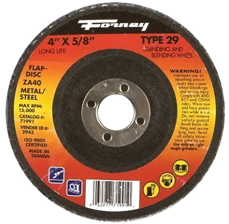 FORNEY Forney 71991 Flap Disc, 4 in Dia, 5/8 in Arbor, 36 Grit, Medium, Zirconium Alumina Abrasive, Fiberglass Backing