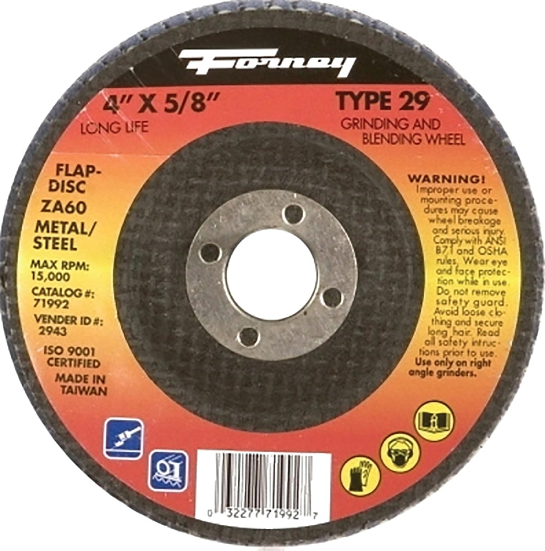 FORNEY Forney 71992 Flap Disc, 4 in Dia, 5/8 in Arbor, 60 Grit, Medium, Zirconia Aluminum Abrasive, Fiberglass Backing TOOLS FORNEY