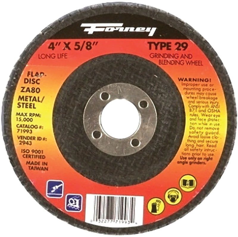 FORNEY Forney 71993 Flap Disc, 4 in Dia, 5/8 in Arbor, 80 Grit, Fine, Zirconium Alumina Abrasive, Fiberglass Backing