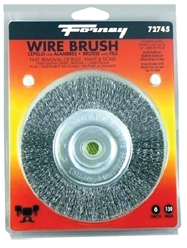 FORNEY Forney 72745 Wire Wheel Brush, 6 in Dia, 1/2 to 5/8 in Arbor/Shank, 0.012 in Dia Bristle TOOLS FORNEY
