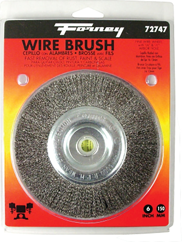 FORNEY Forney 72747 Wire Wheel Brush, 6 in Dia, 1/2 to 5/8 in Arbor/Shank, 0.008 in Dia Bristle