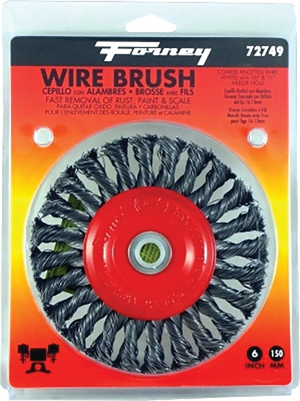 FORNEY Forney 72749 Wire Wheel Brush, 6 in Dia, 1/2 to 5/8 in Arbor/Shank, Twist Knot Bristle, 0.012 in Dia Bristle
