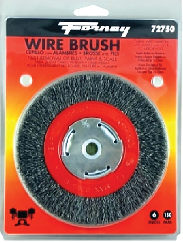FORNEY Forney 72750 Wire Bench Wheel Brush, 6 in Dia, 1/2 to 5/8 in Arbor/Shank, 0.014 in Dia Bristle