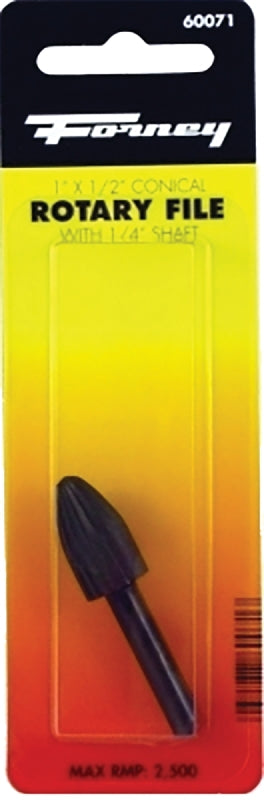 FORNEY Forney 60071 Conical Shaped Rotary File with Rounded End, 1/2 in Dia Cutting, 1/4 in Dia Shank, Steel TOOLS FORNEY