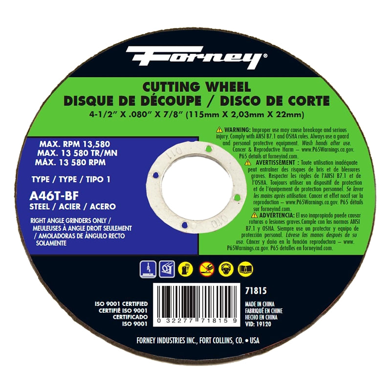 FORNEY Forney 71815 Cut-Off Wheel, 4-1/2 in Dia, 0.08 in Thick, 7/8 in Arbor, 50 Grit, Coarse, Aluminum Oxide Abrasive