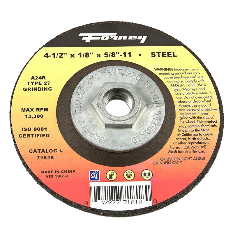 FORNEY Forney 71818 Grinding Wheel, Applicable Materials: Ferrous Material, 4-1/2 in Dia, 1/8 in Thick, 5/8-11 in Arbor TOOLS FORNEY
