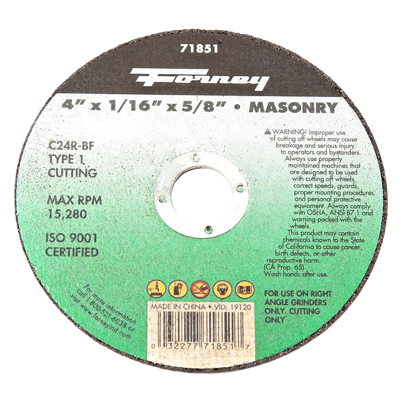 FORNEY Forney 71851 Cutting Wheel, 4 in Dia, 1/16 in Thick, 5/8 in Arbor, 24 Grit, Coarse, Silicone Carbide Abrasive