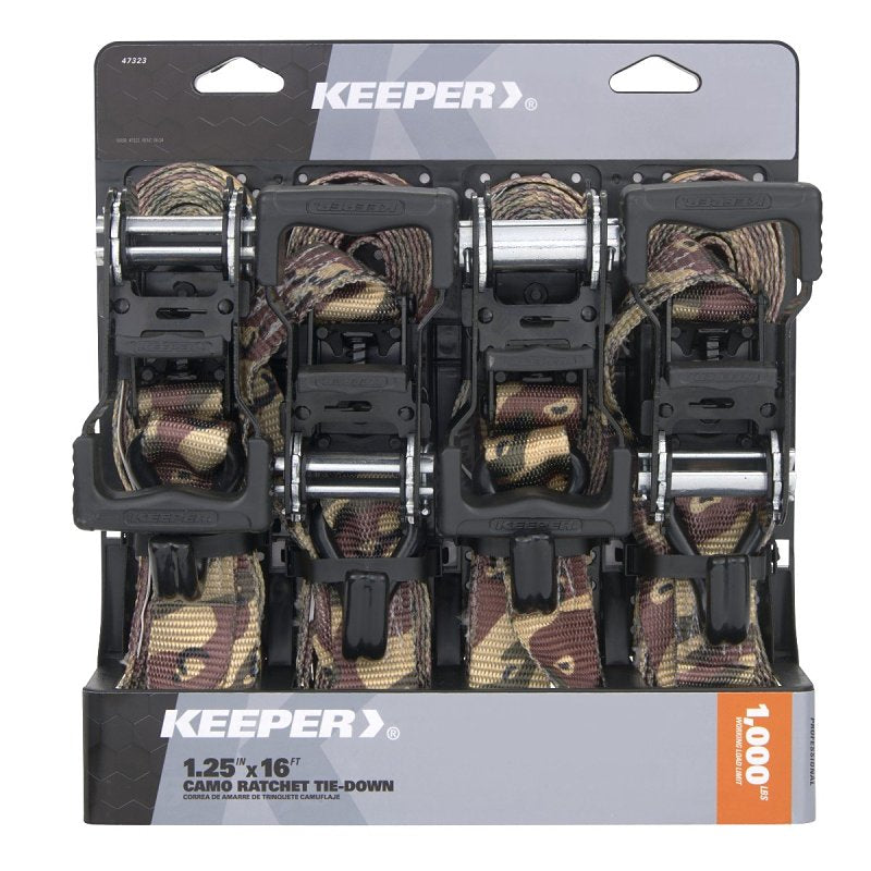 KEEPER Keeper 47323 Ratchet Tie-Down with Open Handle, 1-1/4 in W, 16 ft L, Camo, 1000 lb Working Load, J-Hook End AUTOMOTIVE KEEPER