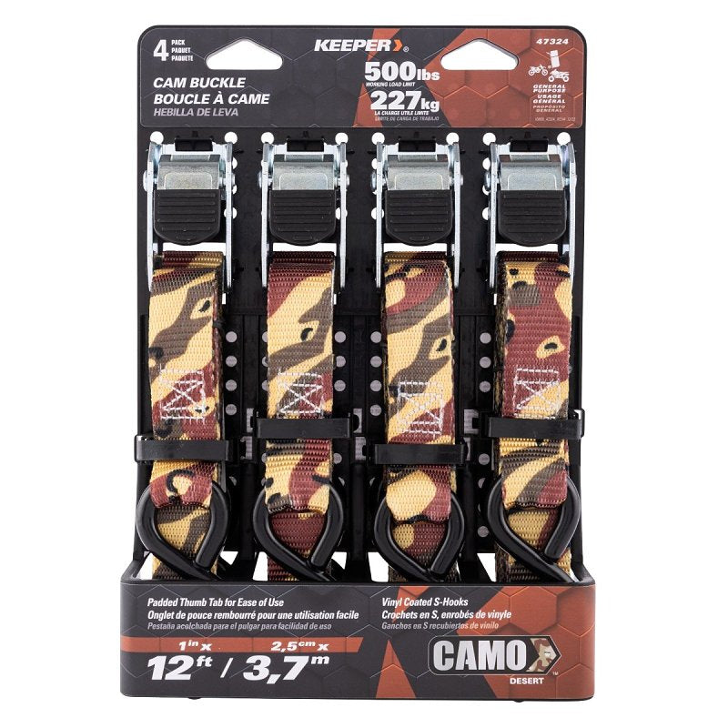 KEEPER Keeper 47324 Tie-Down Strap, 1 in W, 12 ft L, Camo, 500 lb Working Load, S-Hook End