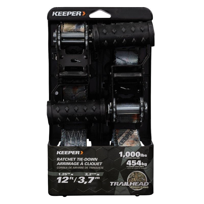 KEEPER Keeper 43595 Ratchet Tie-Down, 1-1/4 in W, 12 ft L, 1000 lb, J-Hook End Fitting, Vinyl End Fitting AUTOMOTIVE KEEPER