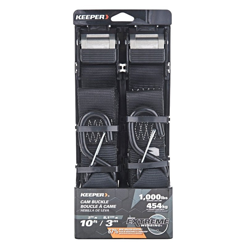 KEEPER Keeper 47309 Tie-Down Cam Buckle Strap with S-Hooks, 2 in W, 10 ft L, 1000 lb Working Load, Black AUTOMOTIVE KEEPER