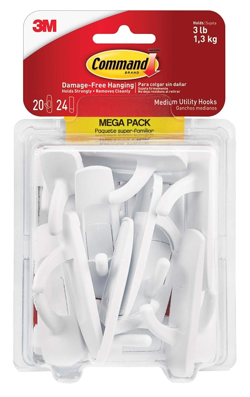 COMMAND Command 17001-MPES Medium Utility Hook, 3 lb, 20-Hook, Plastic, White