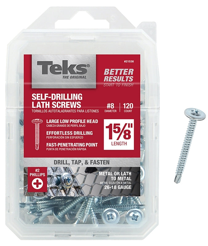 TEKS Teks 21536 Lath Screw, #8 Thread, Truss Head, Phillips Drive, Drill Point, Steel, Zinc, 120 PK
