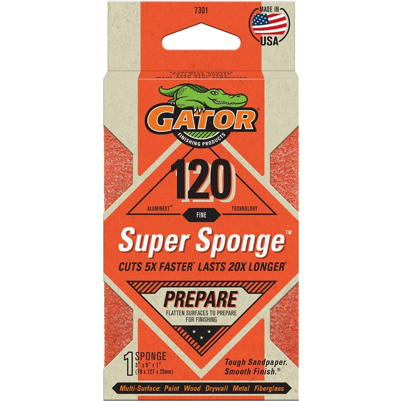 GATOR Gator 7301 Sanding Sponge, 5 in L, 3 in W, 120 Grit, Aluminum Oxide Abrasive PAINT GATOR