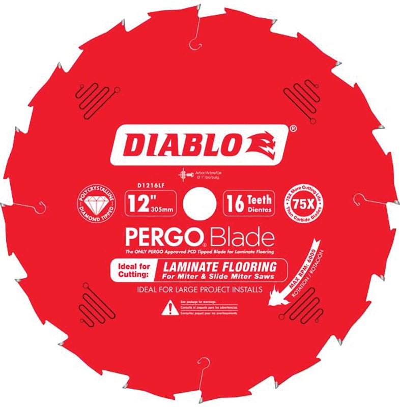 DIABLO Diablo D1216LF Circular Saw Blade, 12 in Dia, 1 in Arbor, 16-Teeth, Polycrystalline Diamond Cutting Edge