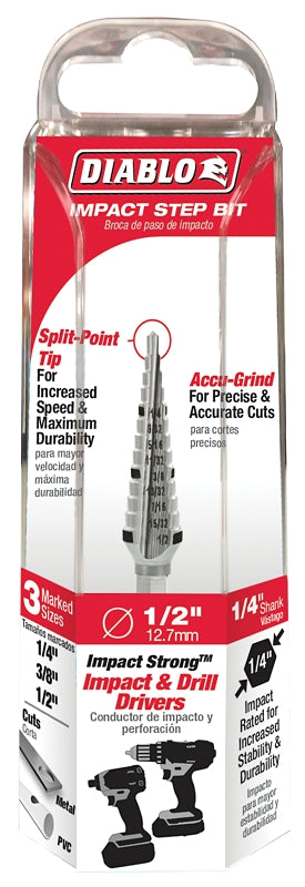 DIABLO Diablo DSD0500S13 Step Drill Bit, 1/4 to 1/2 in Dia, 3-1/32 in OAL, Dual Flute, 1/4 in Dia Shank, Hex Shank TOOLS DIABLO