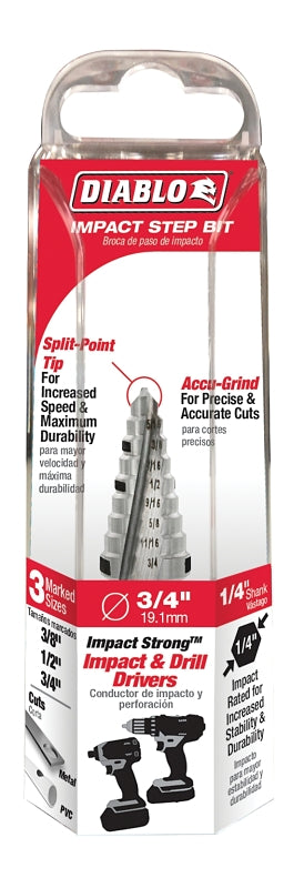 DIABLO Diablo DSD0750S09 Step Drill Bit, 3/8 to 3/4 in Dia, 2-19/32 in OAL, Dual Flute, 1/4 in Dia Shank, Hex Shank TOOLS DIABLO