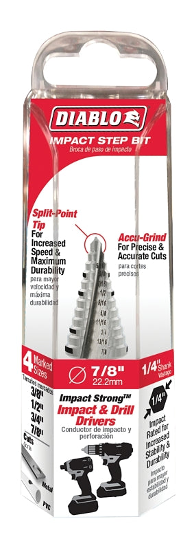 DIABLO Diablo DSD0875S12 Step Drill Bit, 3/8 to 7/8 in Dia, 2-3/4 in OAL, Dual Flute, 1/4 in Dia Shank, Hex Shank TOOLS DIABLO