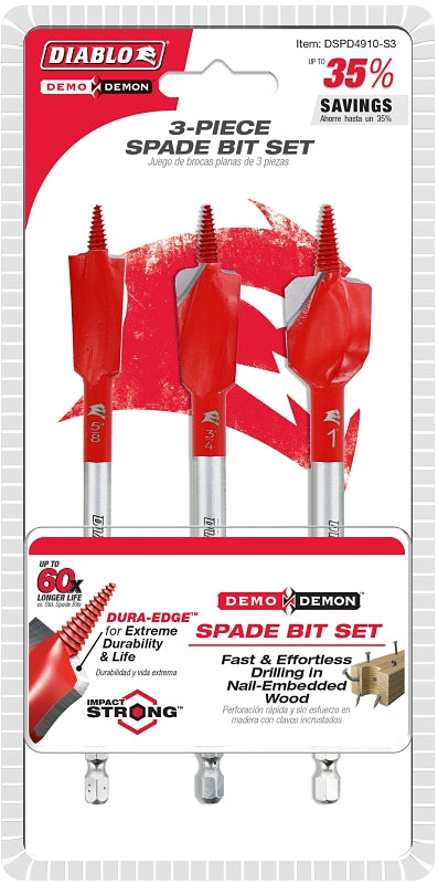 DIABLO Diablo Demo Demon DSPD4910-S3 Spade Bit Set, 3-Piece, HSS TOOLS DIABLO
