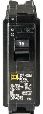 SQUARE D Square D Homeline HOM115C Circuit Breaker, Mini, 15 A, 1 -Pole, 120 V, Plug Mounting, Black ELECTRICAL SQUARE D
