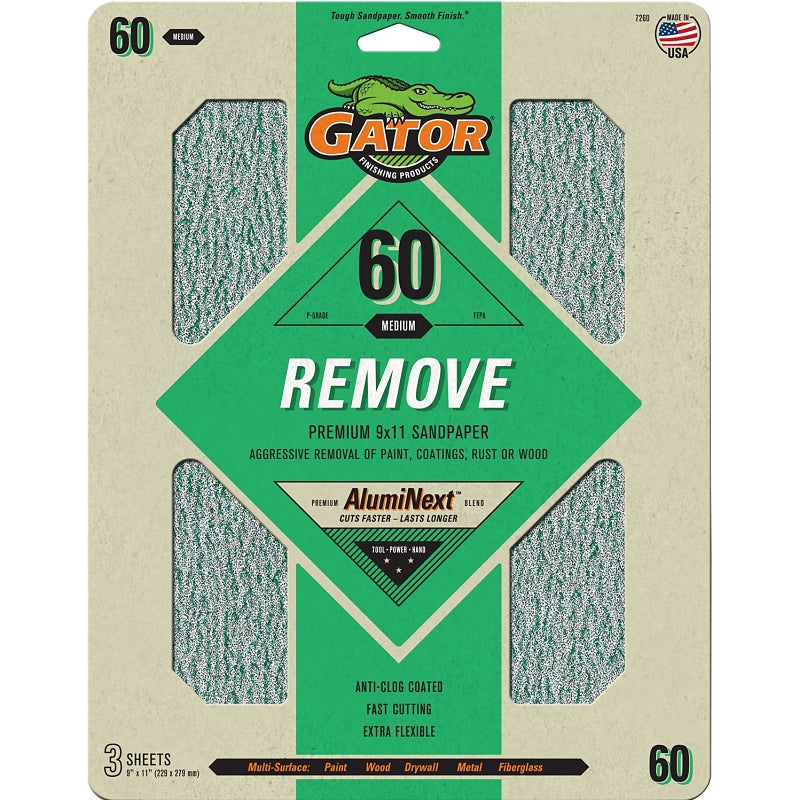 GATOR Gator 7260 Sanding Sheet, 9 in W, 11 in L, 60 Grit, Coarse, Aluminum Oxide Abrasive