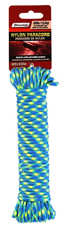 TW EVANS CORDAGE Lehigh NPC1503250BG Paracord, 5/32 in Dia, 50 ft L, 30 lb Working Load, Nylon, Blue/Yellow