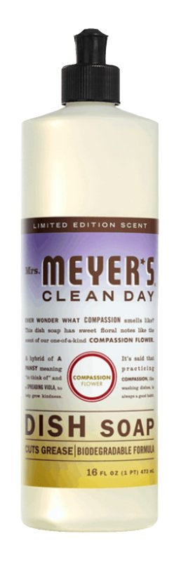 MRS. MEYERS Mrs. Meyer's Clean Day 11383 Dish Soap, 16 fl-oz Bottle, Liquid, Compassion Flower, Colorless