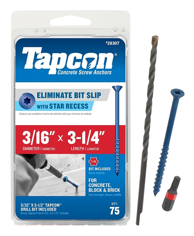 TAPCON Tapcon 28307 Concrete Screw Anchor, T25 Screw, 3/16 in Dia, 3-1/4 in L, Steel, Climaseal, 75/PK HARDWARE & FARM SUPPLIES TAPCON