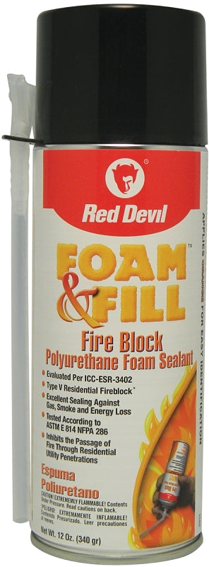 RED DEVIL Red Devil Foam & Fill 0915 Fire Block Foam Sealant with Nozzle, Champagne, 41 to 86 deg F, 12 oz Aerosol Can PAINT RED DEVIL