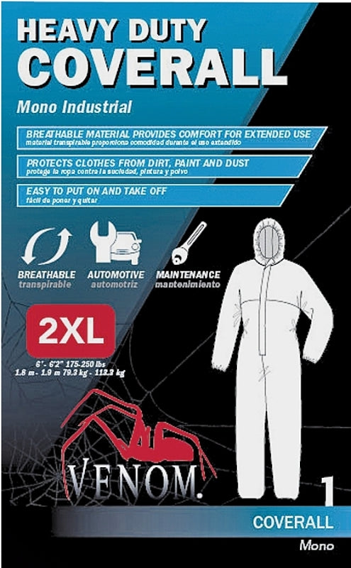 VENOM Venom Steel VENCV300XXL Coveralls with Hood, 2XL, Unisex, Zipper, Fabric, White
