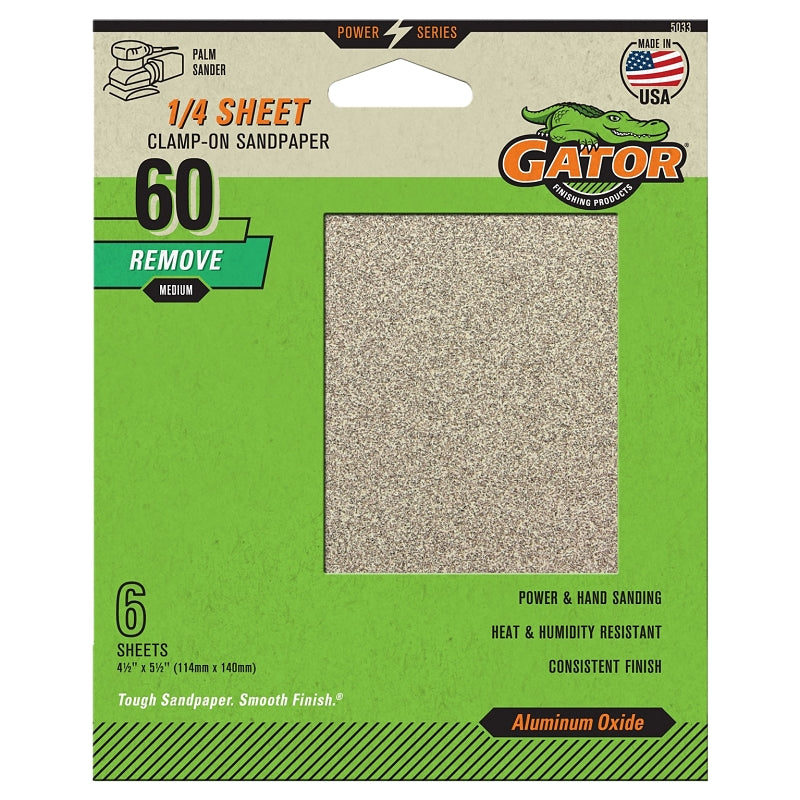 GATOR Gator 5033 Sanding Sheet, 4-1/2 in W, 5-1/2 in L, 60 Grit, Coarse, Aluminum Oxide Abrasive, Paper Backing TOOLS GATOR