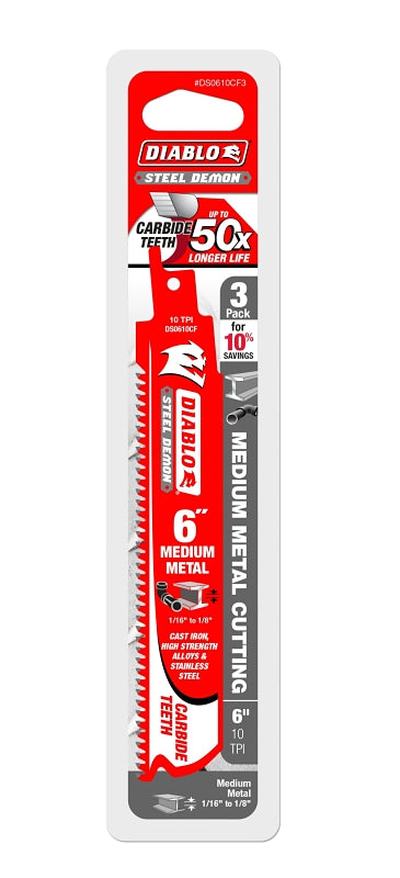 DIABLO Diablo DS0610CF3 Series Reciprocating Saw Blade, Applicable Materials: Metal, 6 in L, 10 TPI, Carbide Cutting Edge, 3/PK TOOLS DIABLO