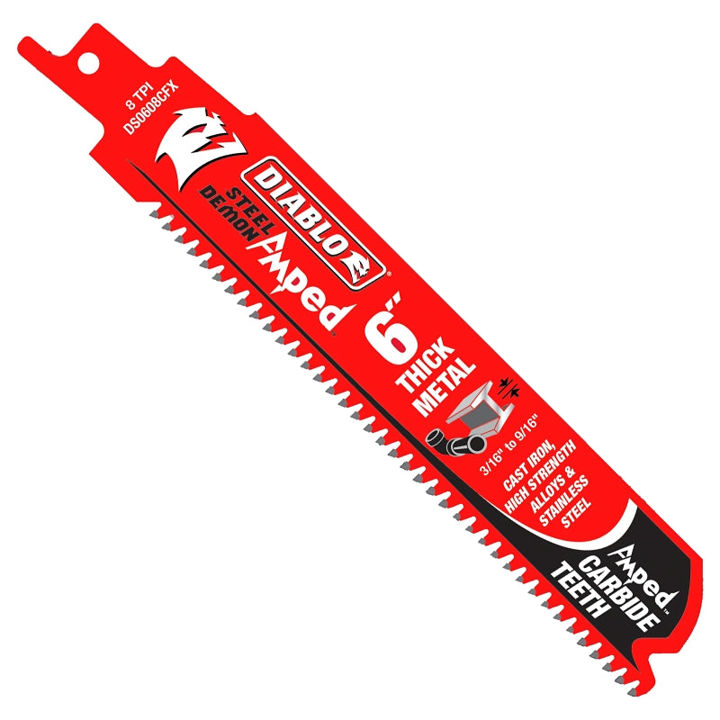 DIABLO Diablo Steel Demon Amped DS0608CFA Reciprocating Saw Blade, 1 in W, 6 in L, 8 TPI, Carbide Cutting Edge, 1/PK TOOLS DIABLO