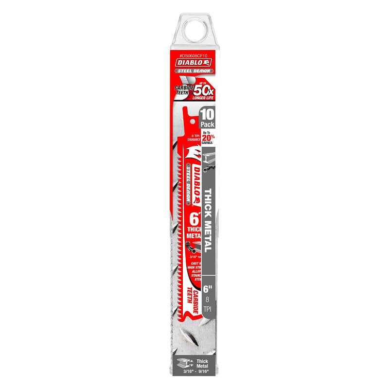 DIABLO Diablo Steel Demon DS0608CF10 Reciprocating Saw Blade, 1 in W, 6 in L, 8 TPI, Carbide Cutting Edge